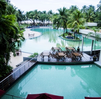 A luxurious resort setting with a large, inviting swimming pool surrounded by palm trees. There is a wooden deck area with dining tables and chairs arranged in a neat fashion. The atmosphere is serene and tropical, with the pool reflecting the greenery of the surrounding trees.